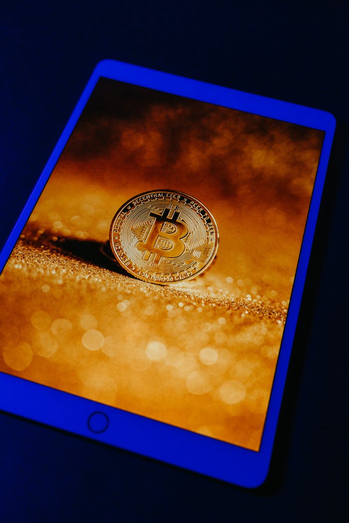 our-story A golden Bitcoin coin displayed digitally on a tablet screen, representing digital currency and blockchain technology.